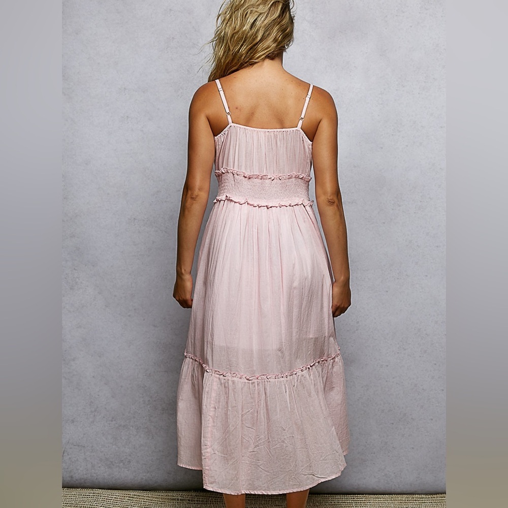 POL Pink Summer Boho 100% Cotton Midi Dress Smocked Embroidered NWT M Festival - Picture 6 of 9